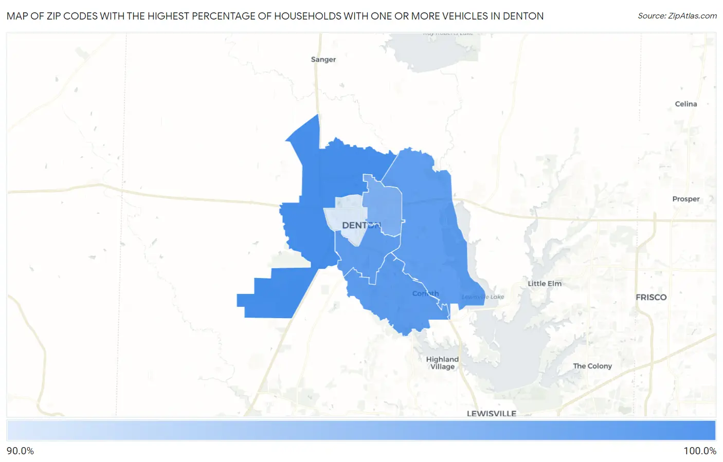 Zip Codes with the Highest Percentage of Households With One or more Vehicles in Denton Map