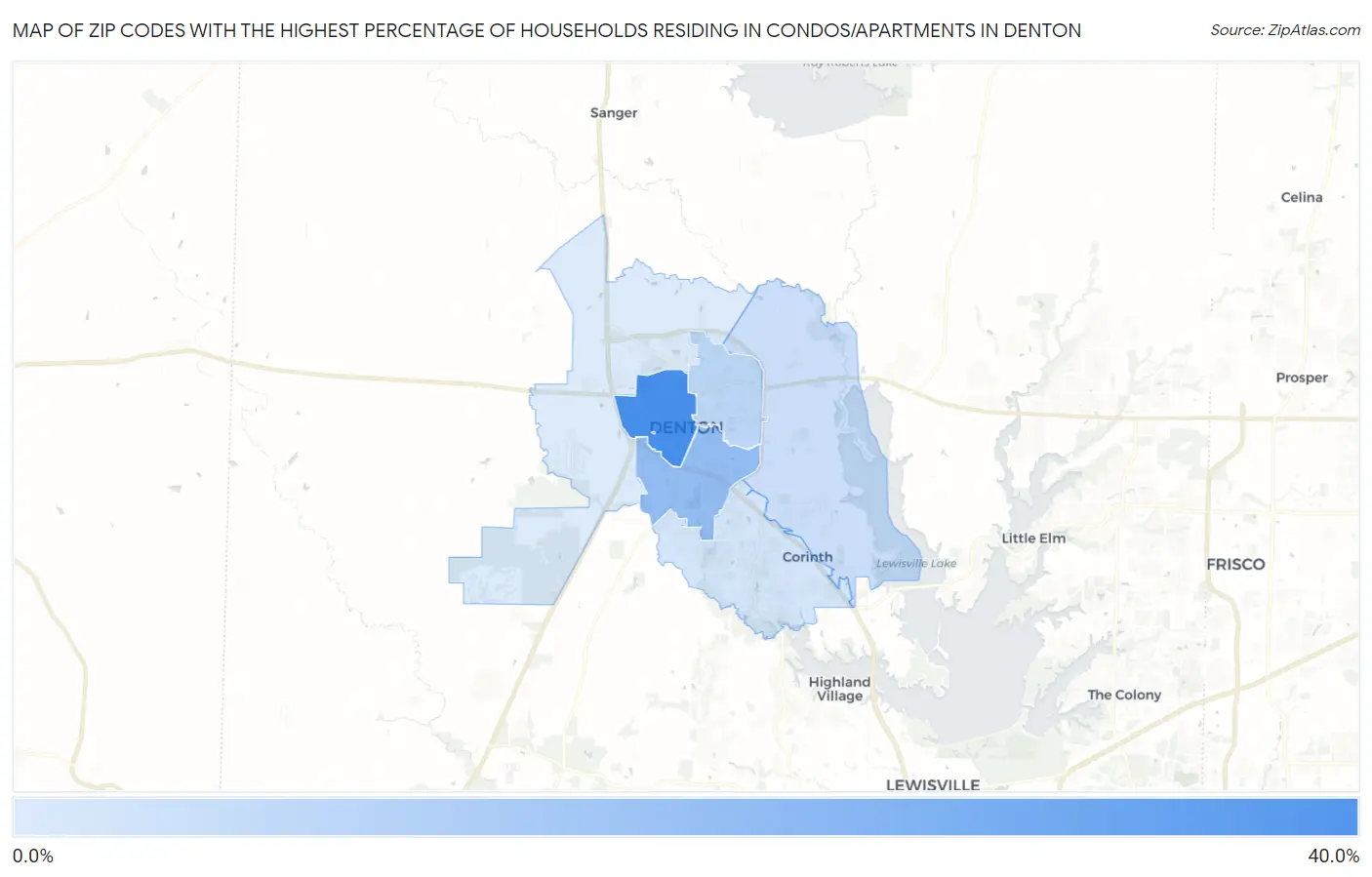 Zip Codes with the Highest Percentage of Households Residing in Condos/Apartments in Denton Map