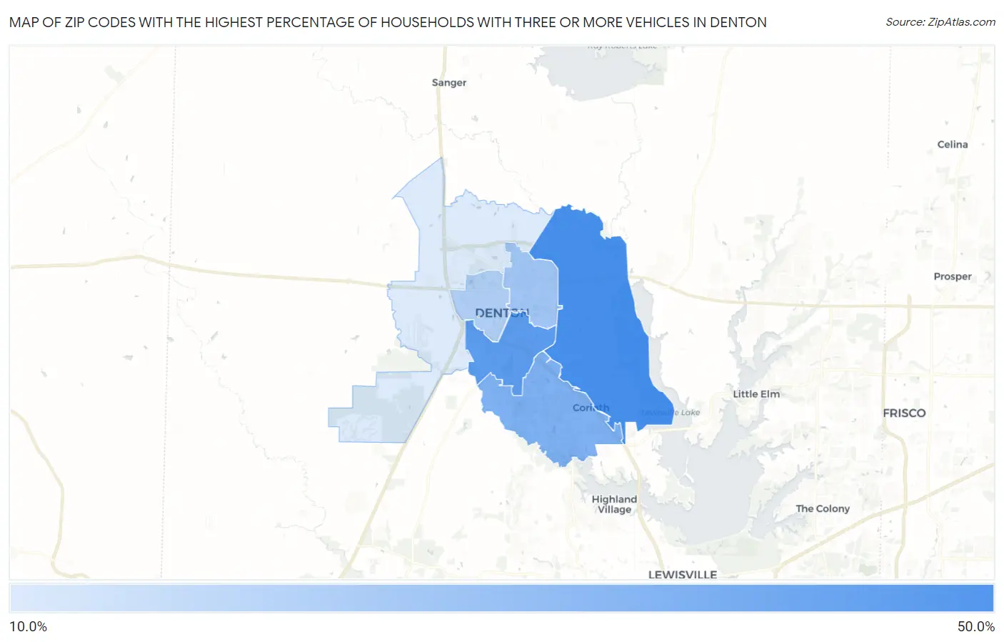 Zip Codes with the Highest Percentage of Households With Three or more Vehicles in Denton Map