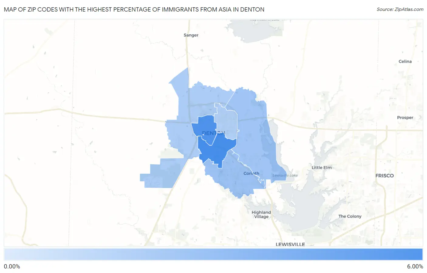 Zip Codes with the Highest Percentage of Immigrants from Asia in Denton Map