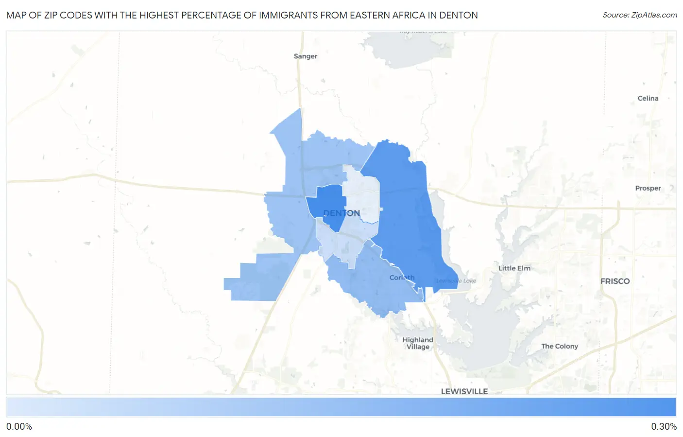 Zip Codes with the Highest Percentage of Immigrants from Eastern Africa in Denton Map
