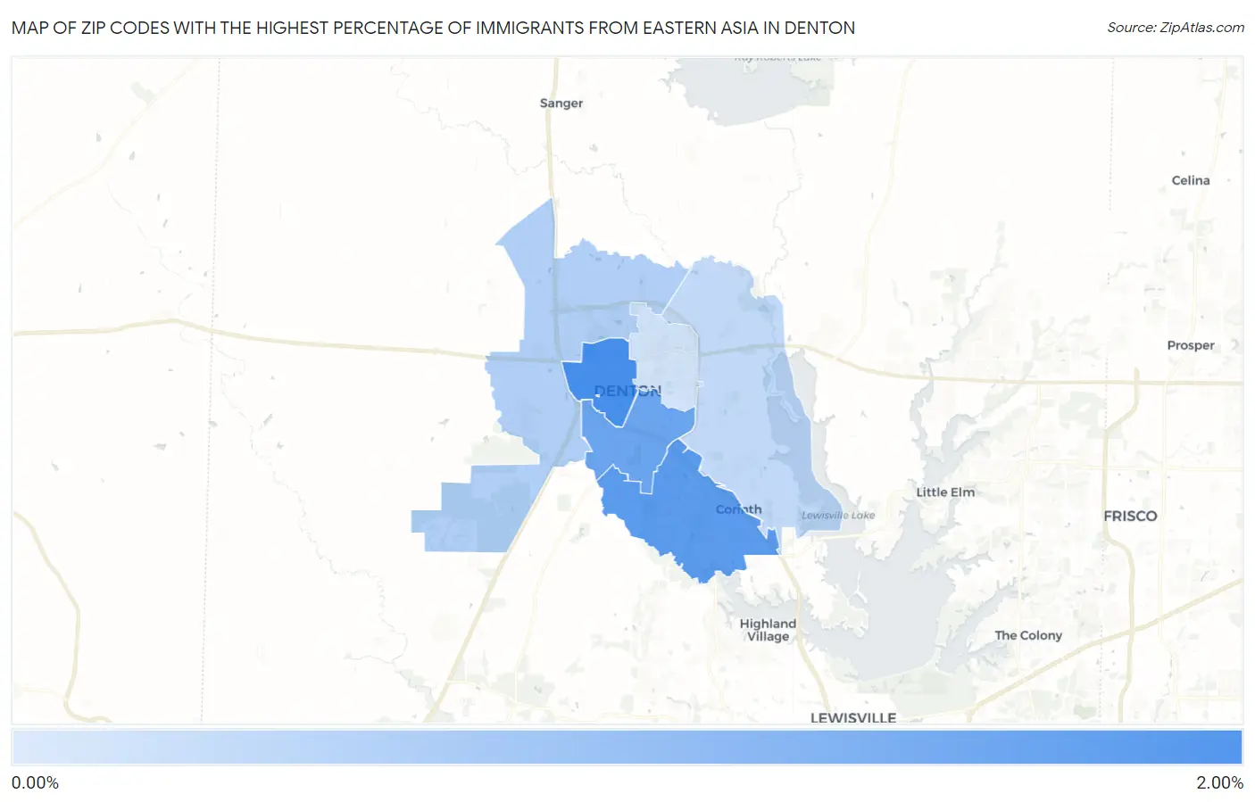 Zip Codes with the Highest Percentage of Immigrants from Eastern Asia in Denton Map