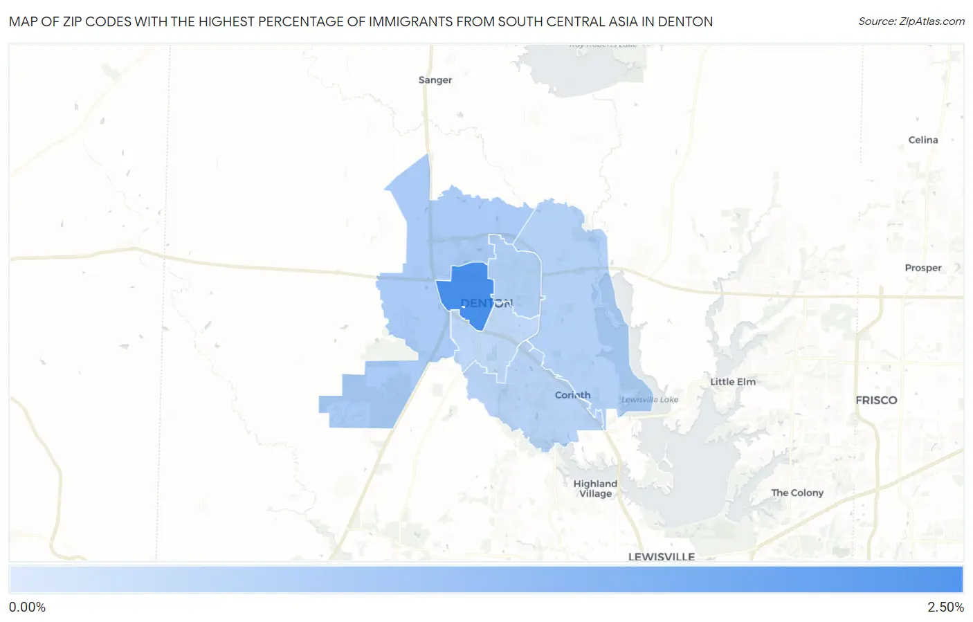 Zip Codes with the Highest Percentage of Immigrants from South Central Asia in Denton Map