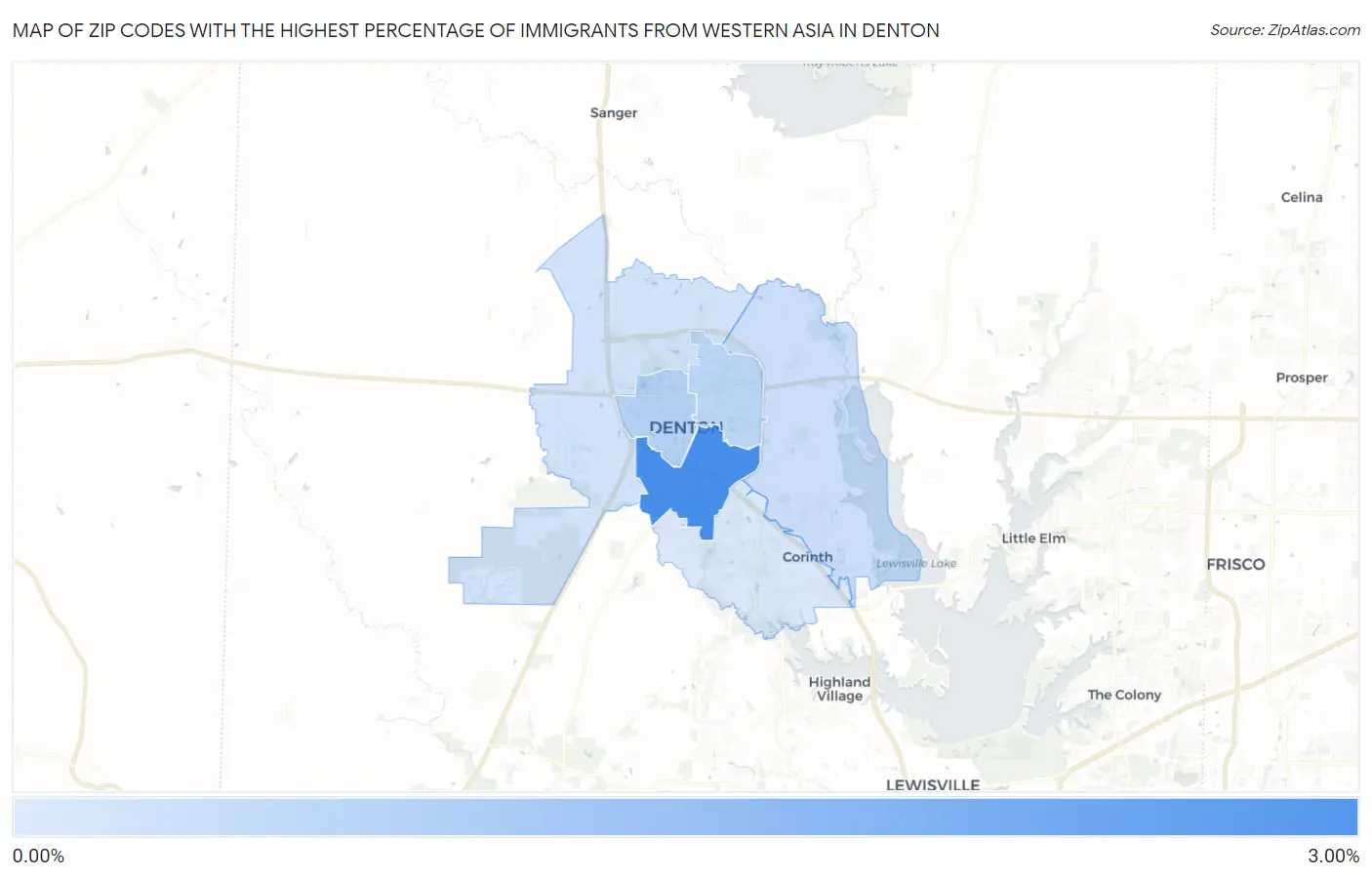 Zip Codes with the Highest Percentage of Immigrants from Western Asia in Denton Map