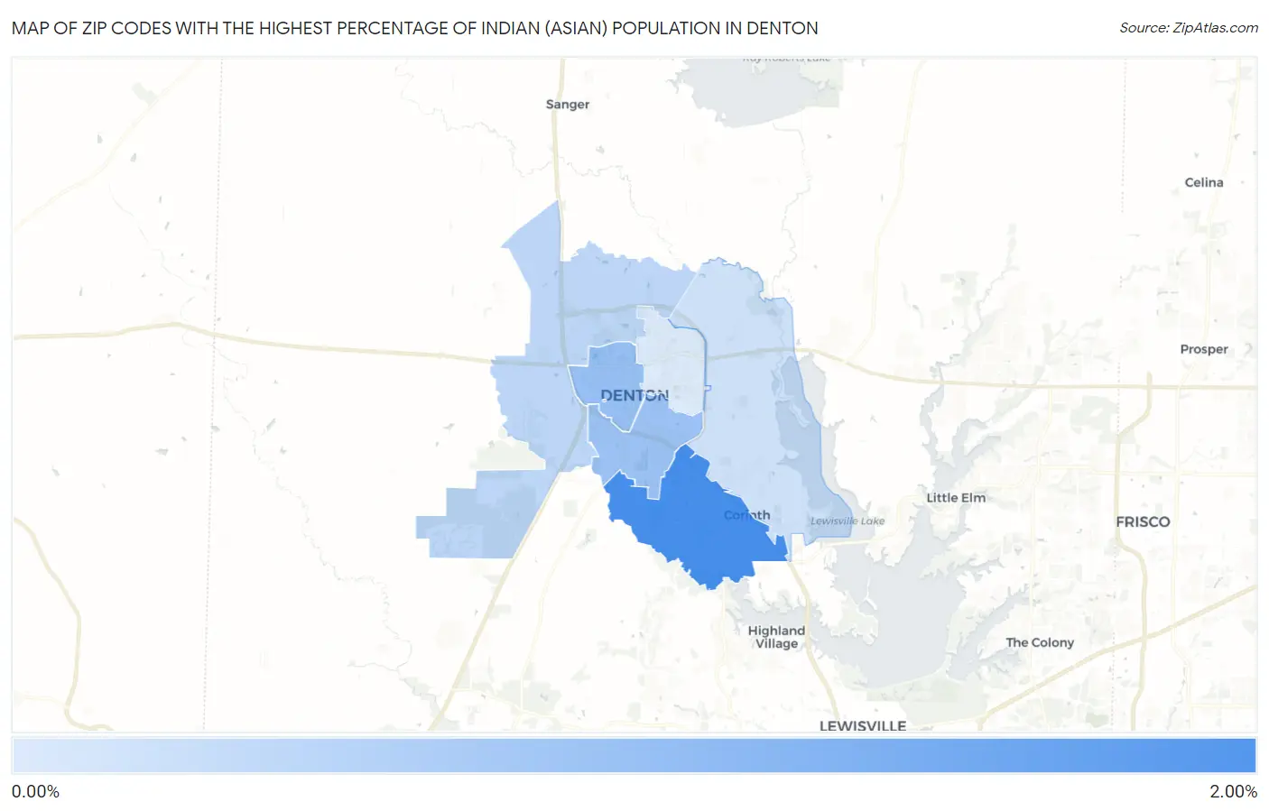 Zip Codes with the Highest Percentage of Indian (Asian) Population in Denton Map