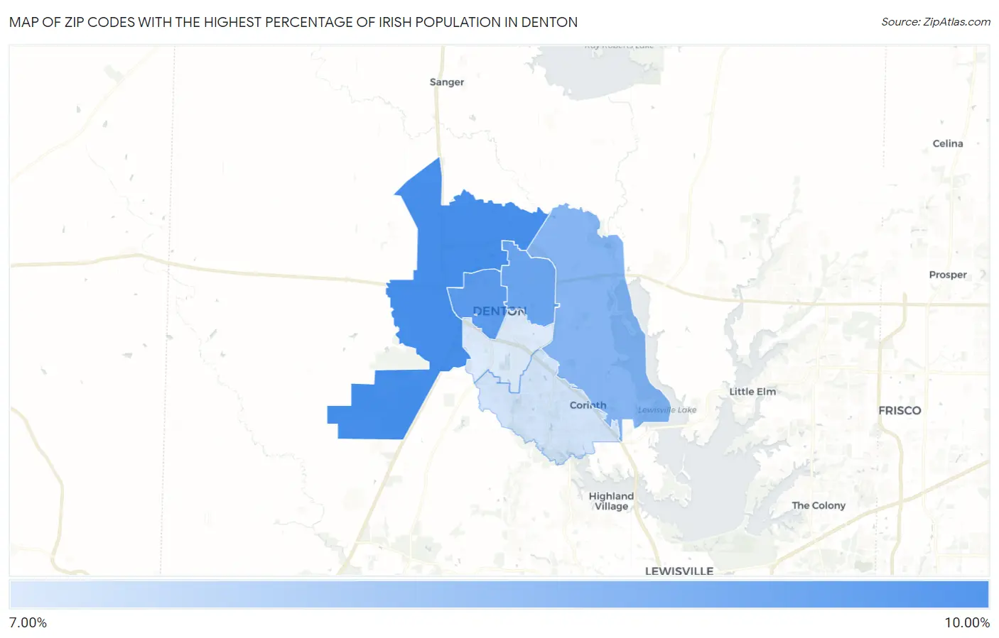 Zip Codes with the Highest Percentage of Irish Population in Denton Map
