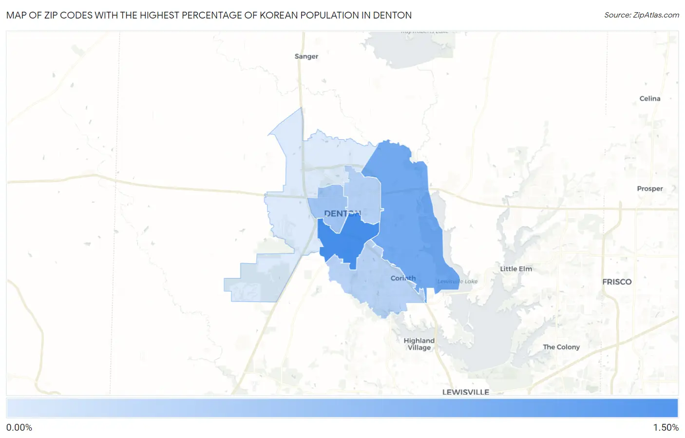 Zip Codes with the Highest Percentage of Korean Population in Denton Map
