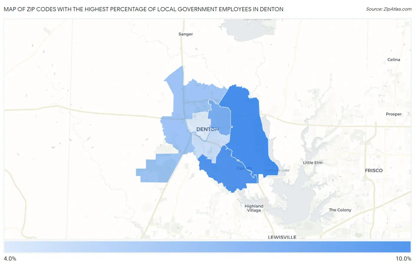 Zip Codes with the Highest Percentage of Local Government Employees in Denton Map