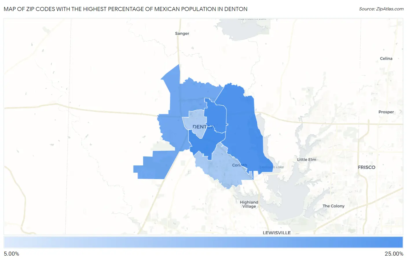 Zip Codes with the Highest Percentage of Mexican Population in Denton Map