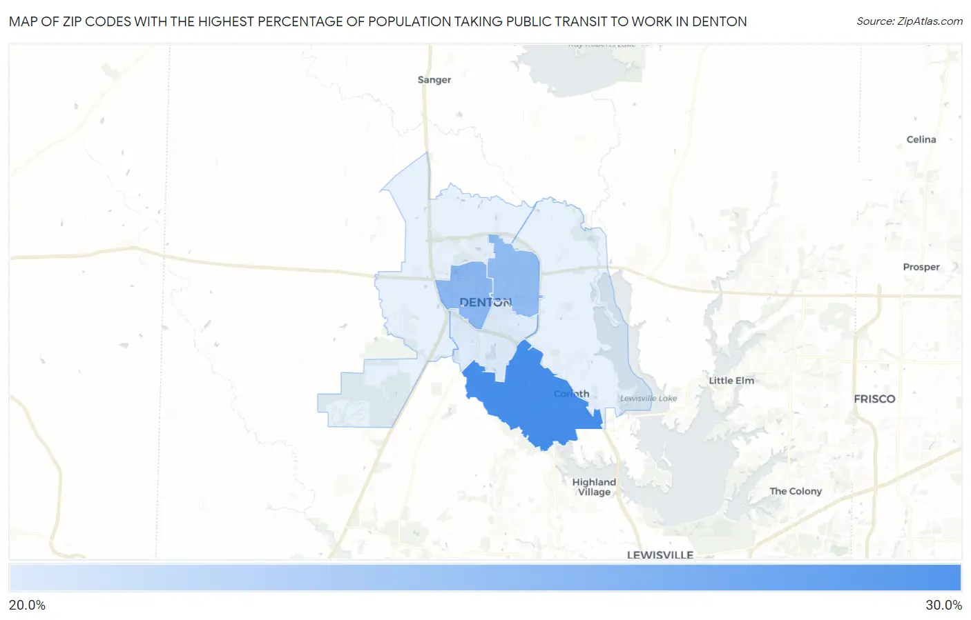 Zip Codes with the Highest Percentage of Population Taking Public Transit to Work in Denton Map