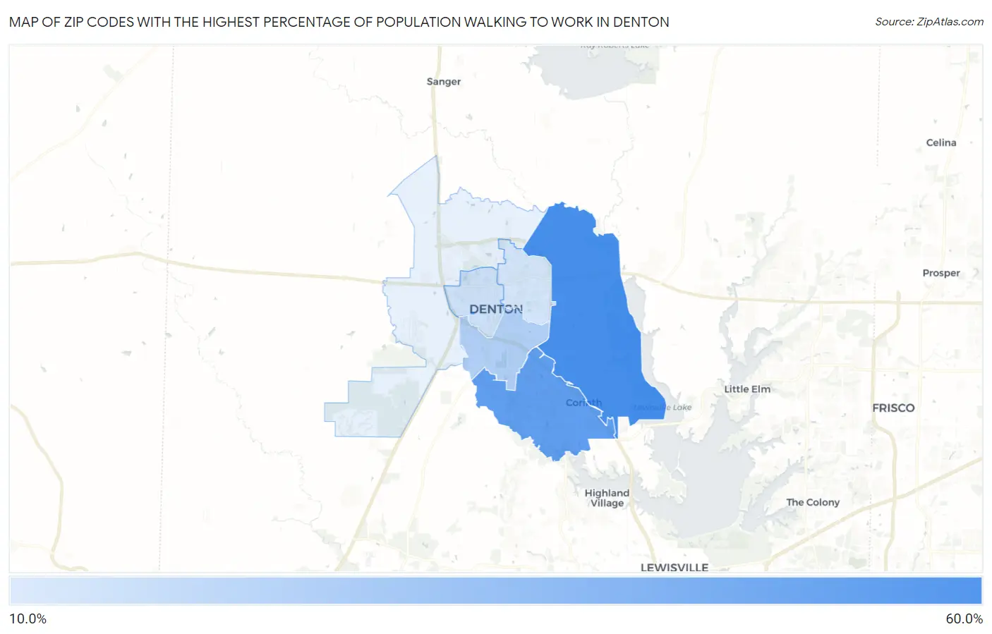 Zip Codes with the Highest Percentage of Population Walking to Work in Denton Map