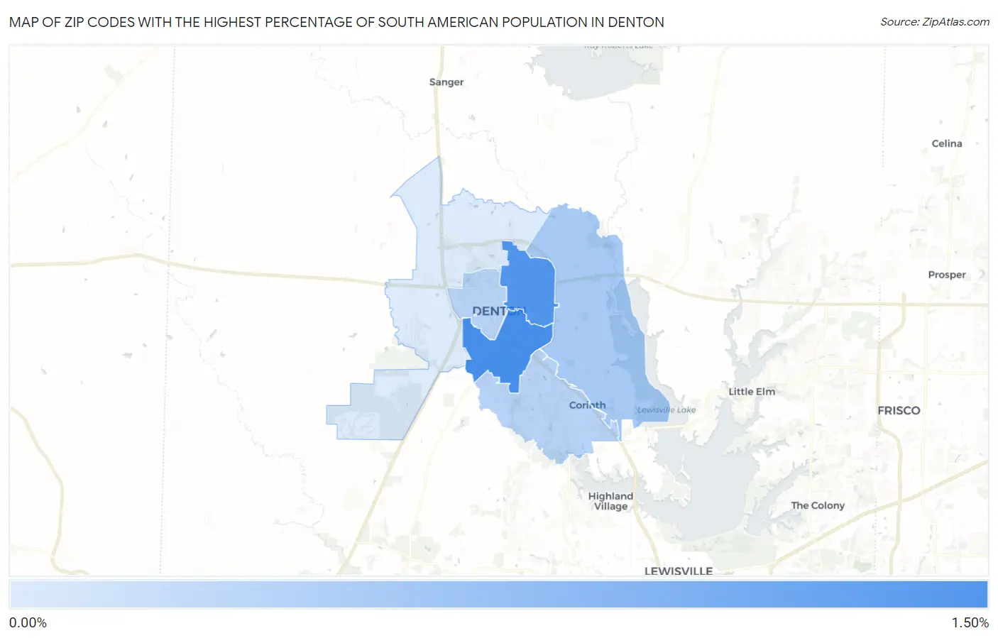 Zip Codes with the Highest Percentage of South American Population in Denton Map