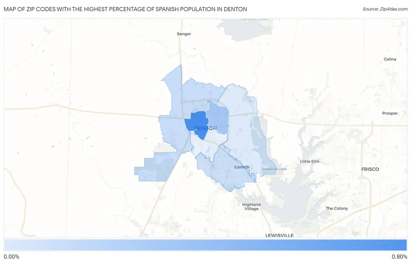 Zip Codes with the Highest Percentage of Spanish Population in Denton Map
