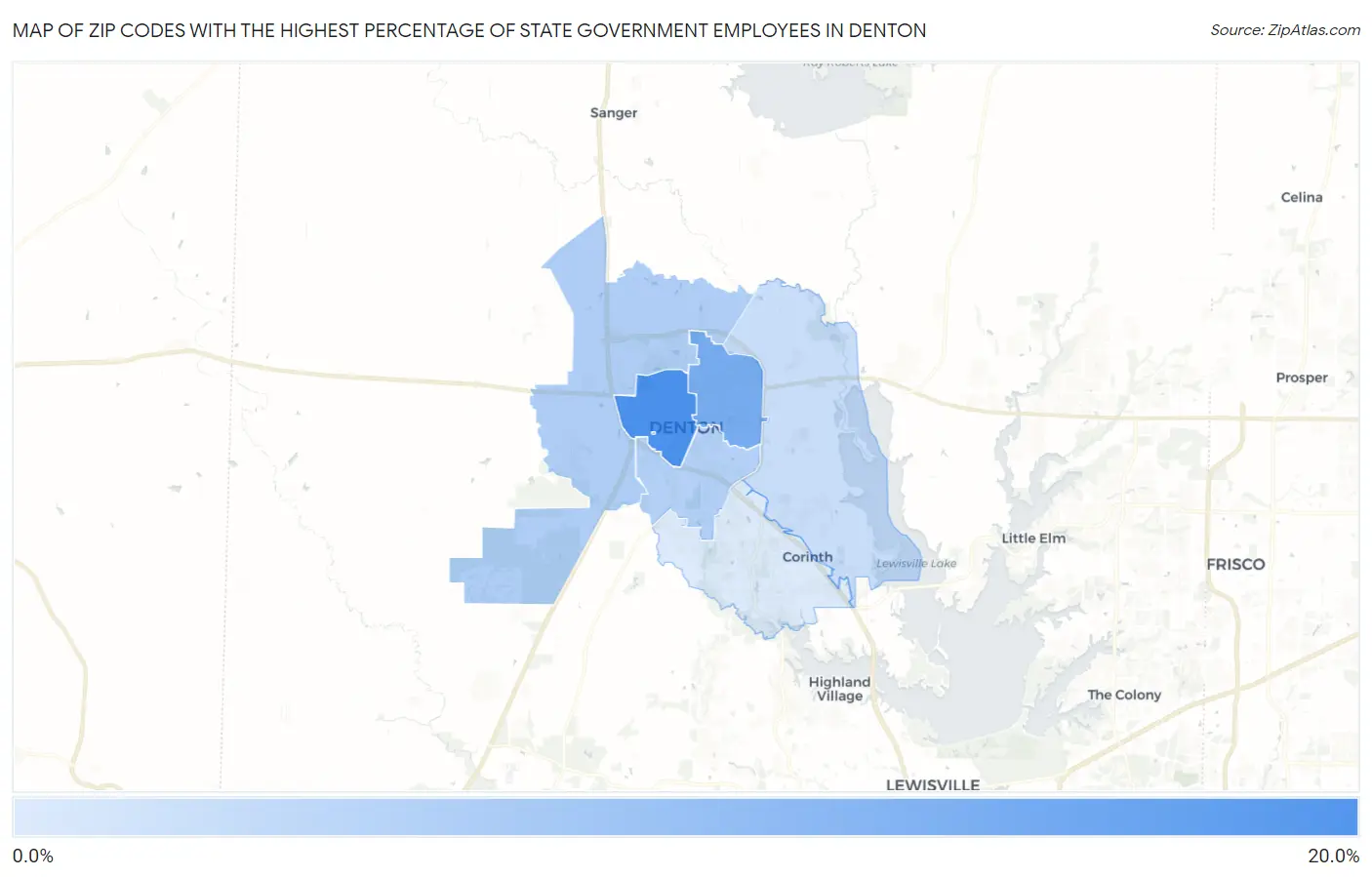 Zip Codes with the Highest Percentage of State Government Employees in Denton Map