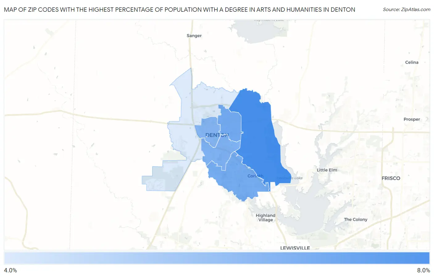 Zip Codes with the Highest Percentage of Population with a Degree in Arts and Humanities in Denton Map