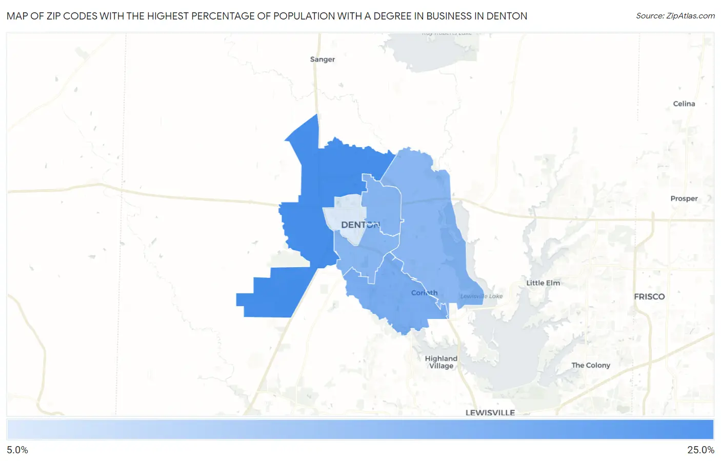 Zip Codes with the Highest Percentage of Population with a Degree in Business in Denton Map