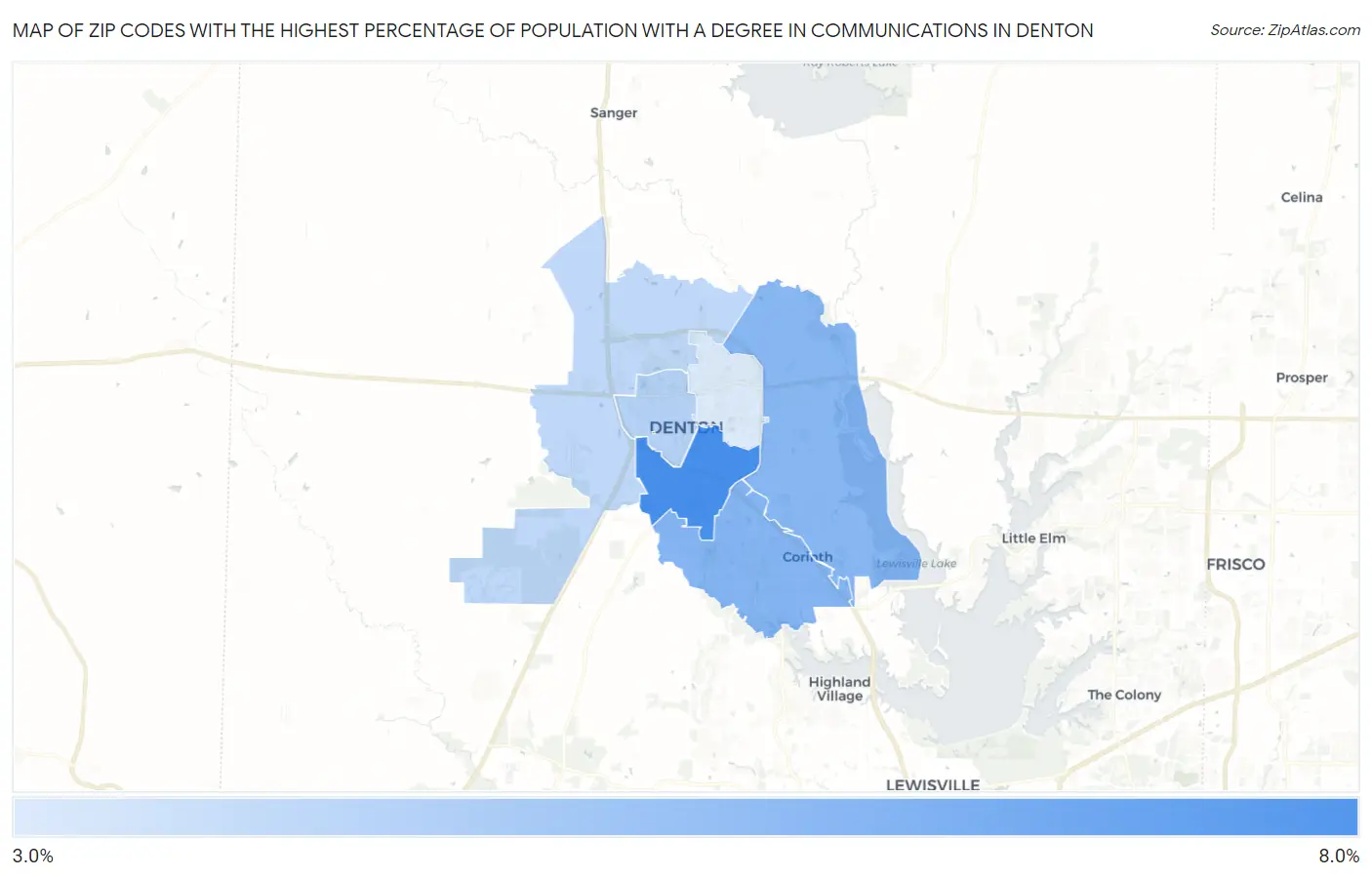 Zip Codes with the Highest Percentage of Population with a Degree in Communications in Denton Map