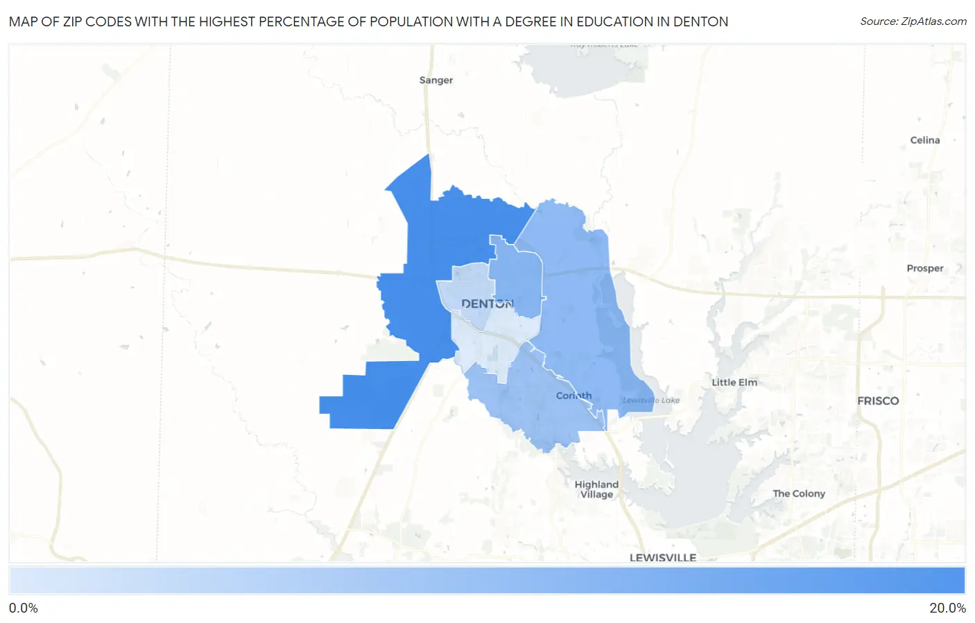 Zip Codes with the Highest Percentage of Population with a Degree in Education in Denton Map