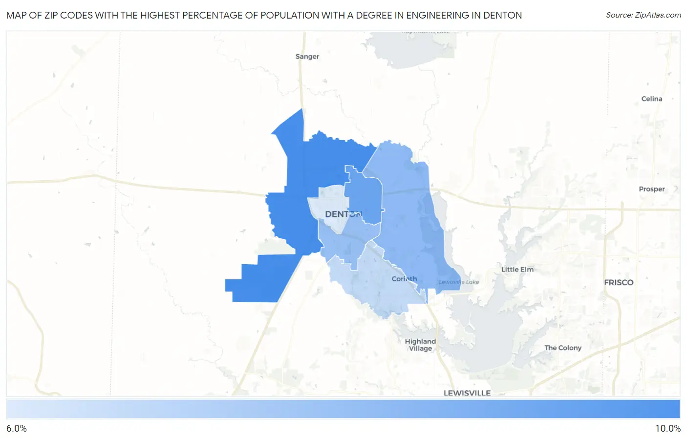 Zip Codes with the Highest Percentage of Population with a Degree in Engineering in Denton Map