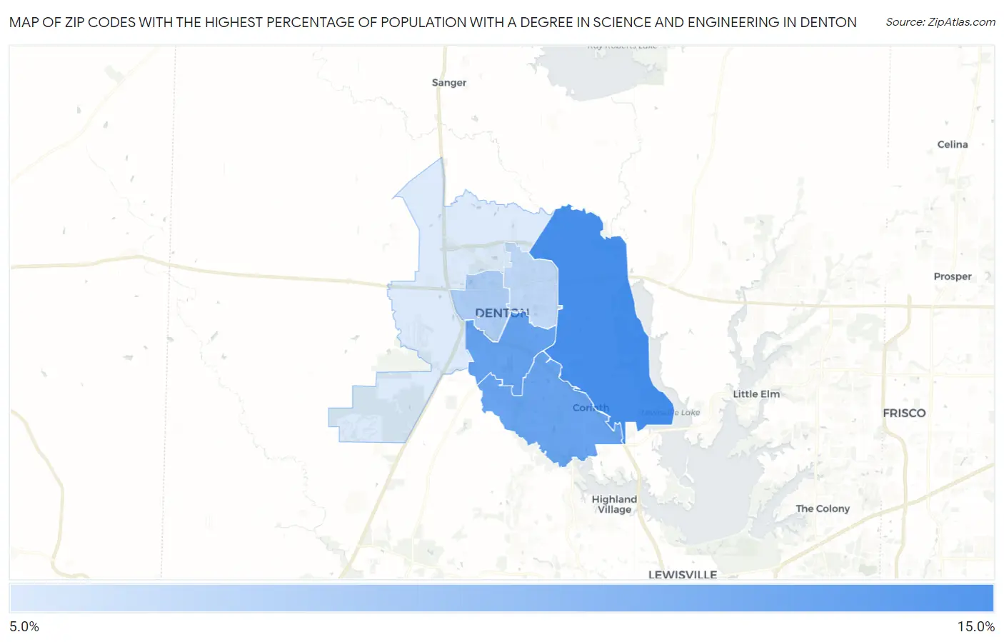 Zip Codes with the Highest Percentage of Population with a Degree in Science and Engineering in Denton Map