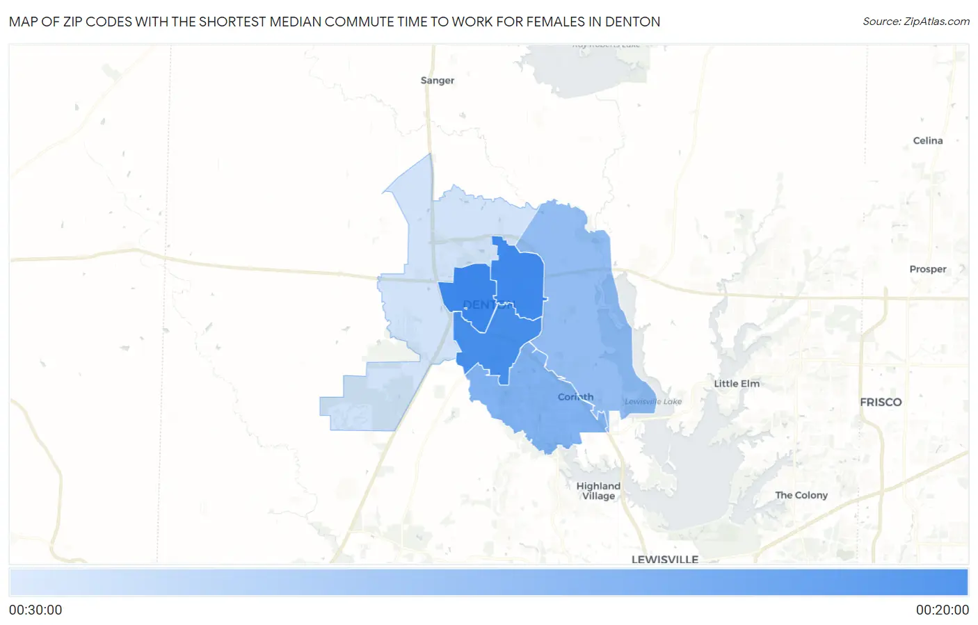Zip Codes with the Shortest Median Commute Time to Work for Females in Denton Map
