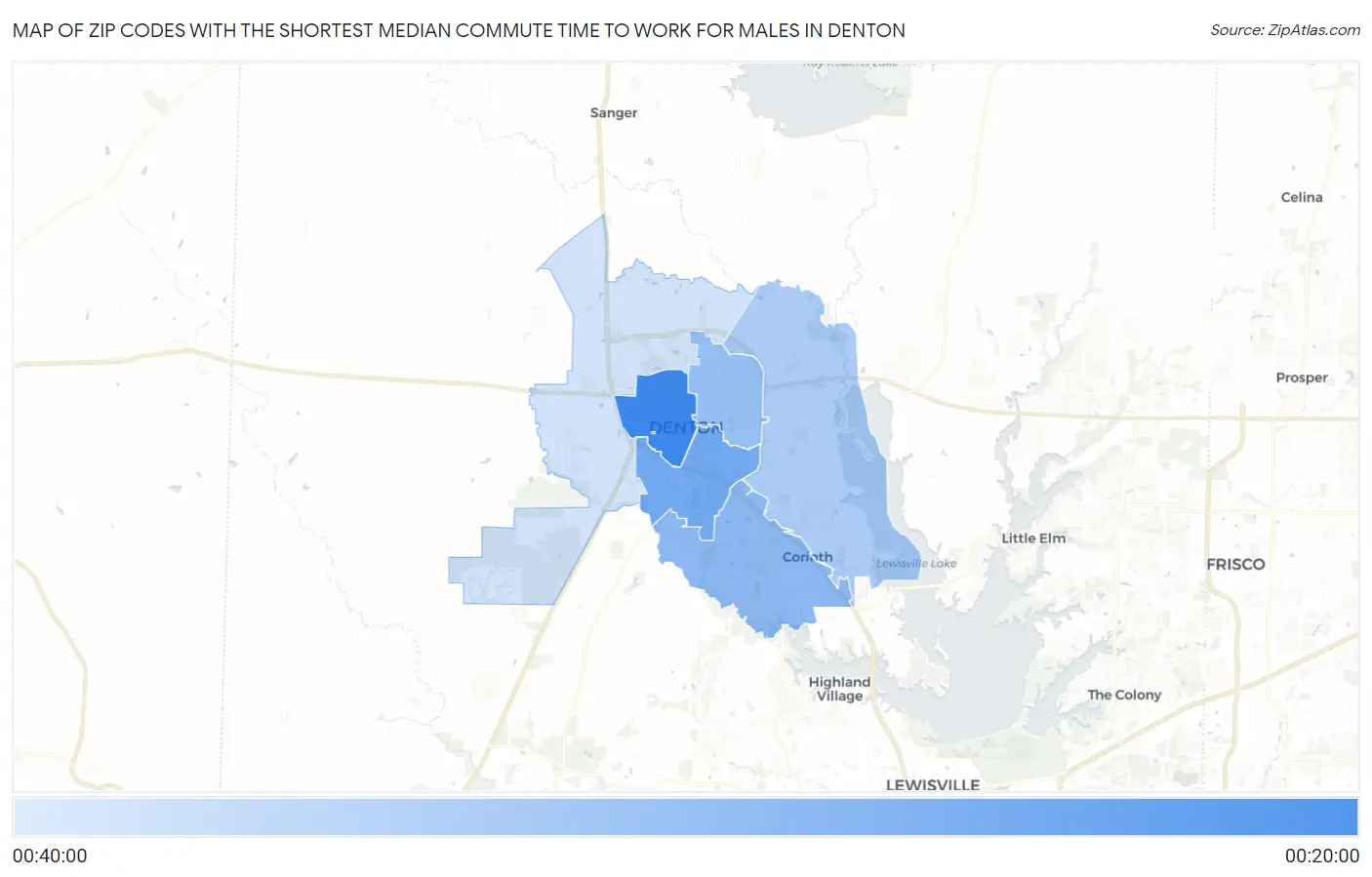 Zip Codes with the Shortest Median Commute Time to Work for Males in Denton Map