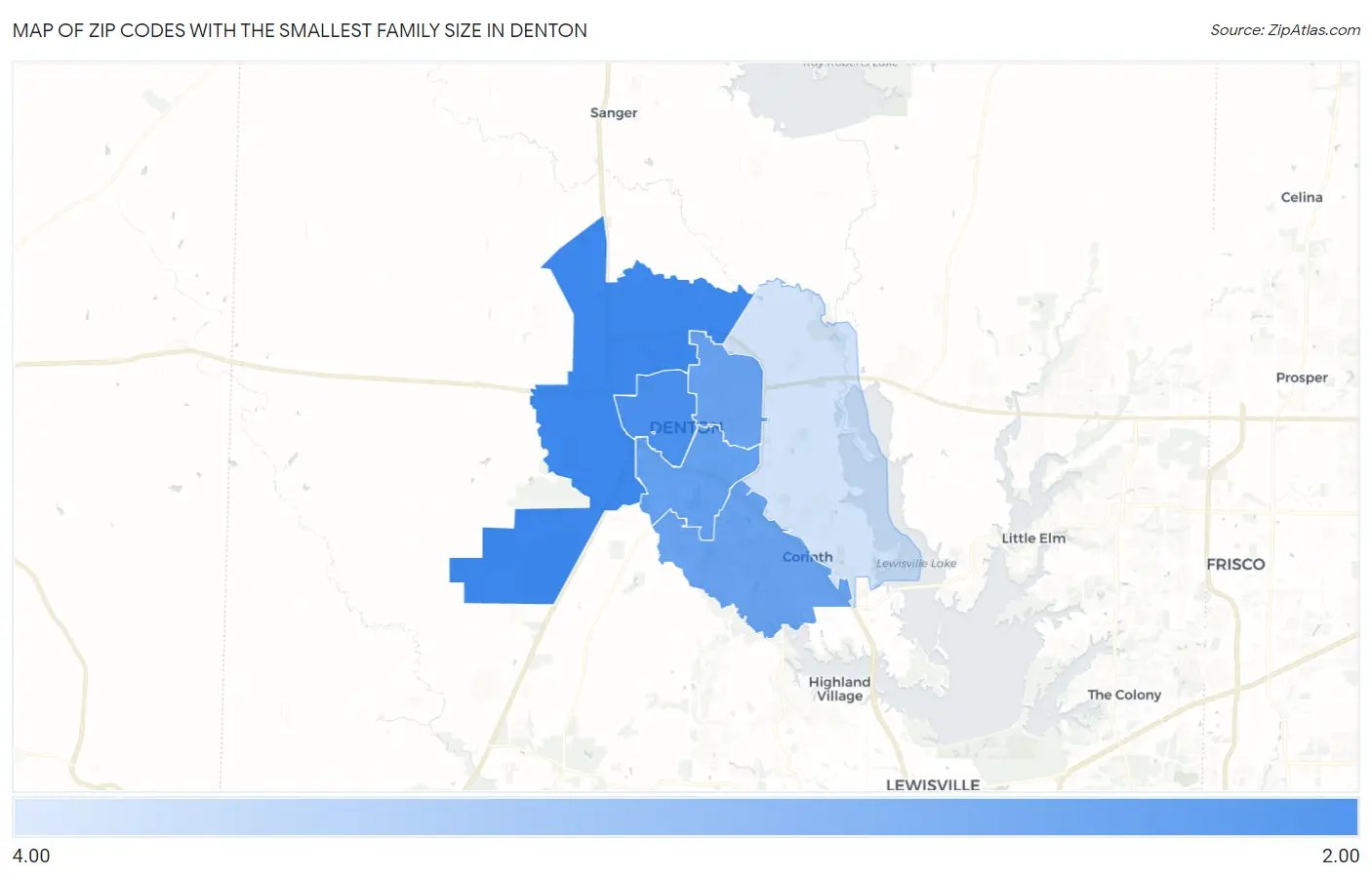 Zip Codes with the Smallest Family Size in Denton Map