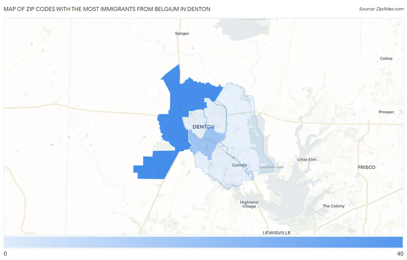Zip Codes with the Most Immigrants from Belgium in Denton Map