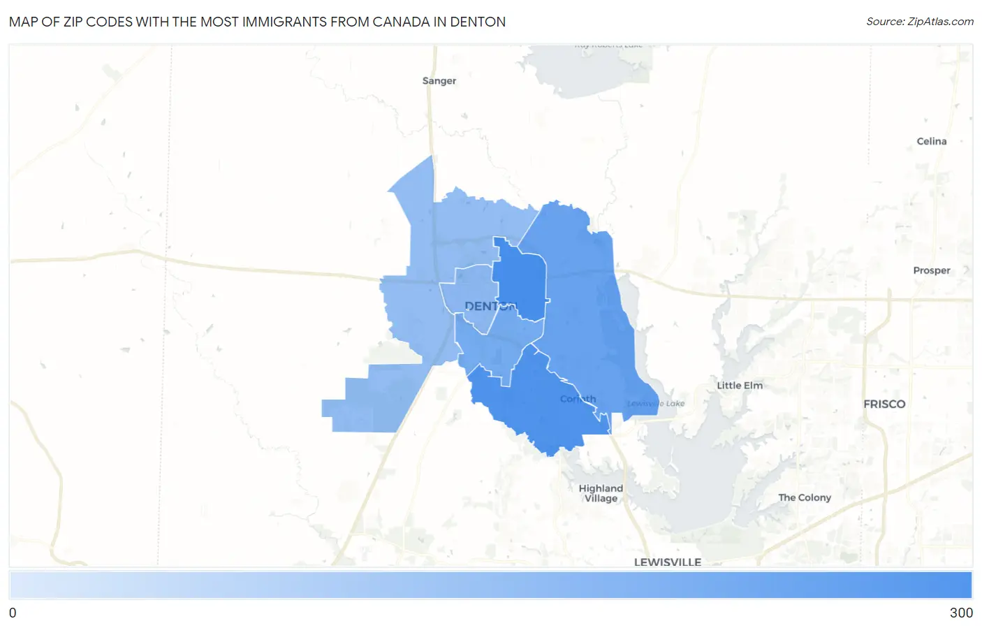 Zip Codes with the Most Immigrants from Canada in Denton Map