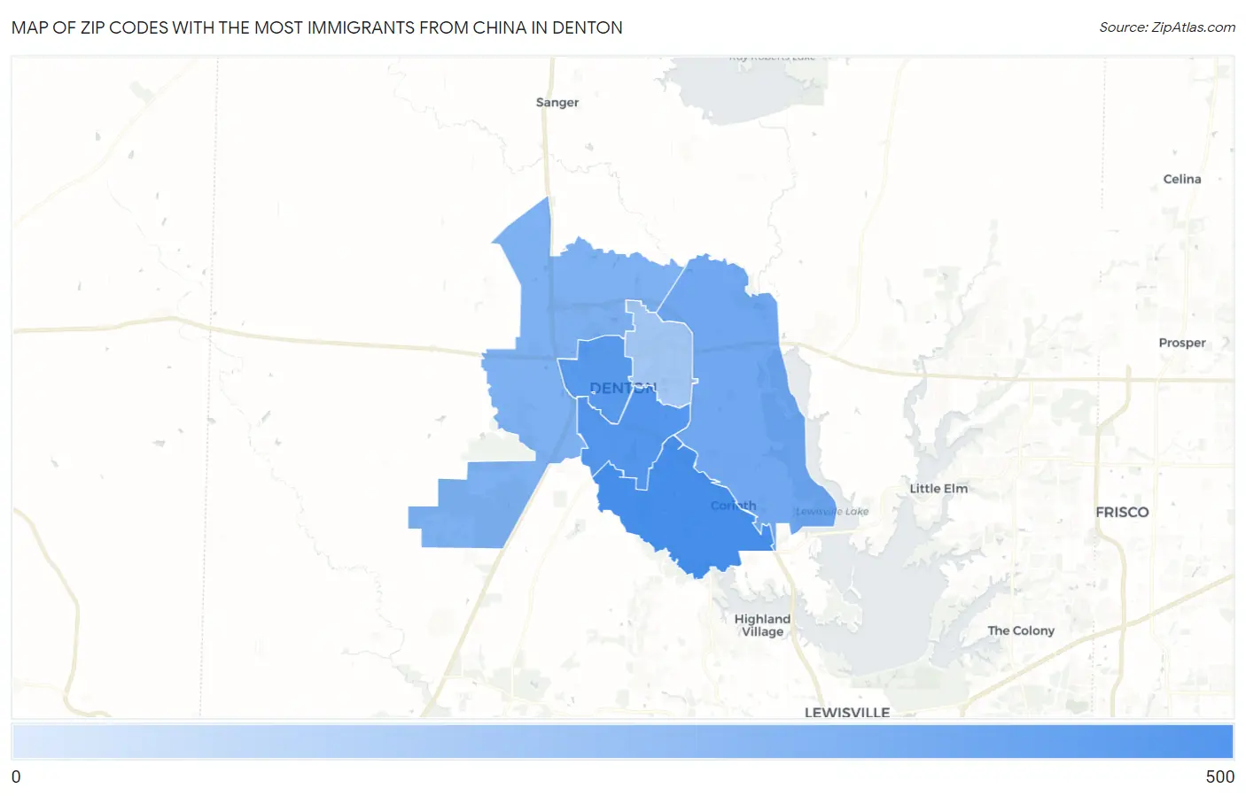 Zip Codes with the Most Immigrants from China in Denton Map