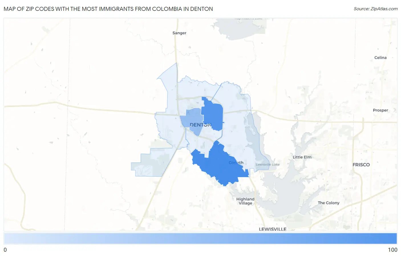 Zip Codes with the Most Immigrants from Colombia in Denton Map