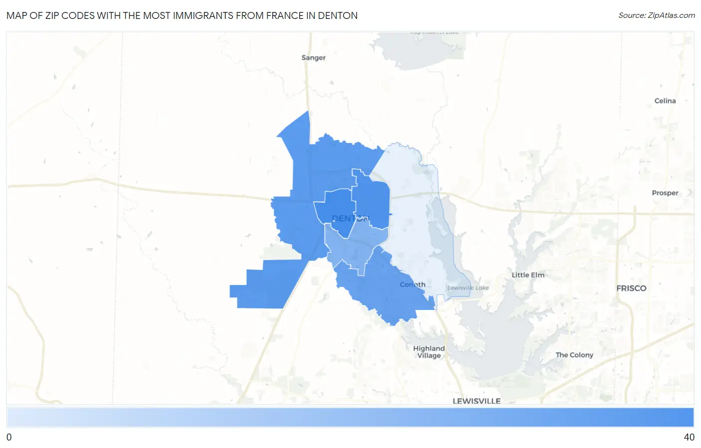 Zip Codes with the Most Immigrants from France in Denton Map