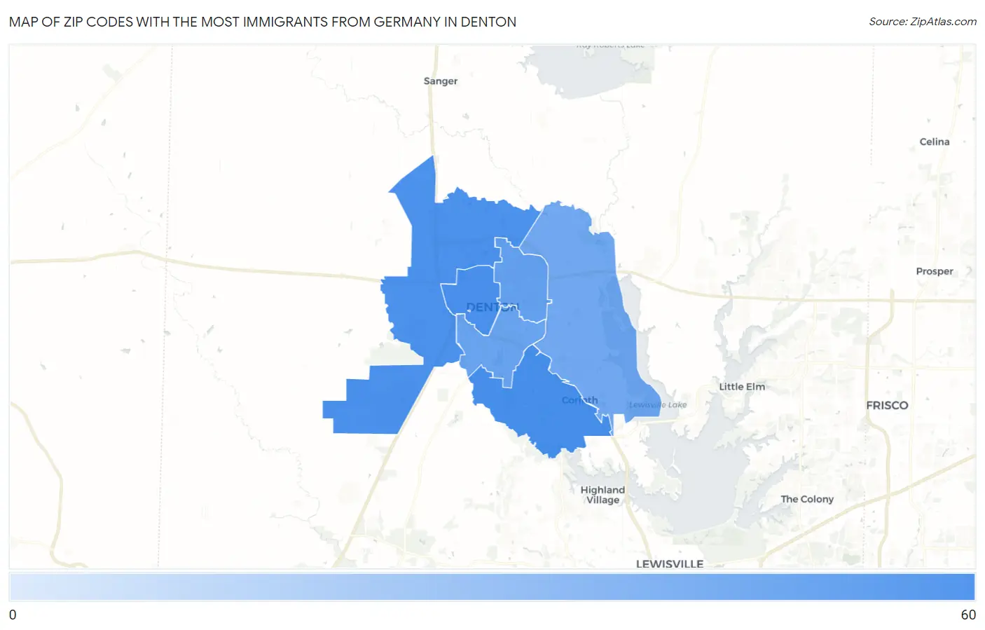 Zip Codes with the Most Immigrants from Germany in Denton Map