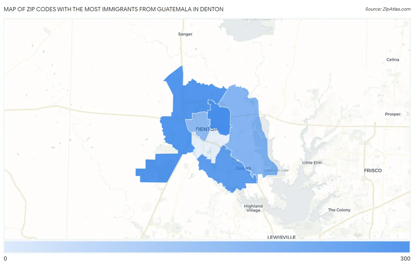 Zip Codes with the Most Immigrants from Guatemala in Denton Map
