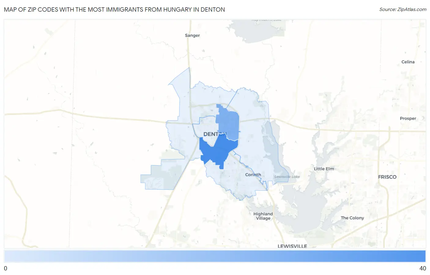 Zip Codes with the Most Immigrants from Hungary in Denton Map