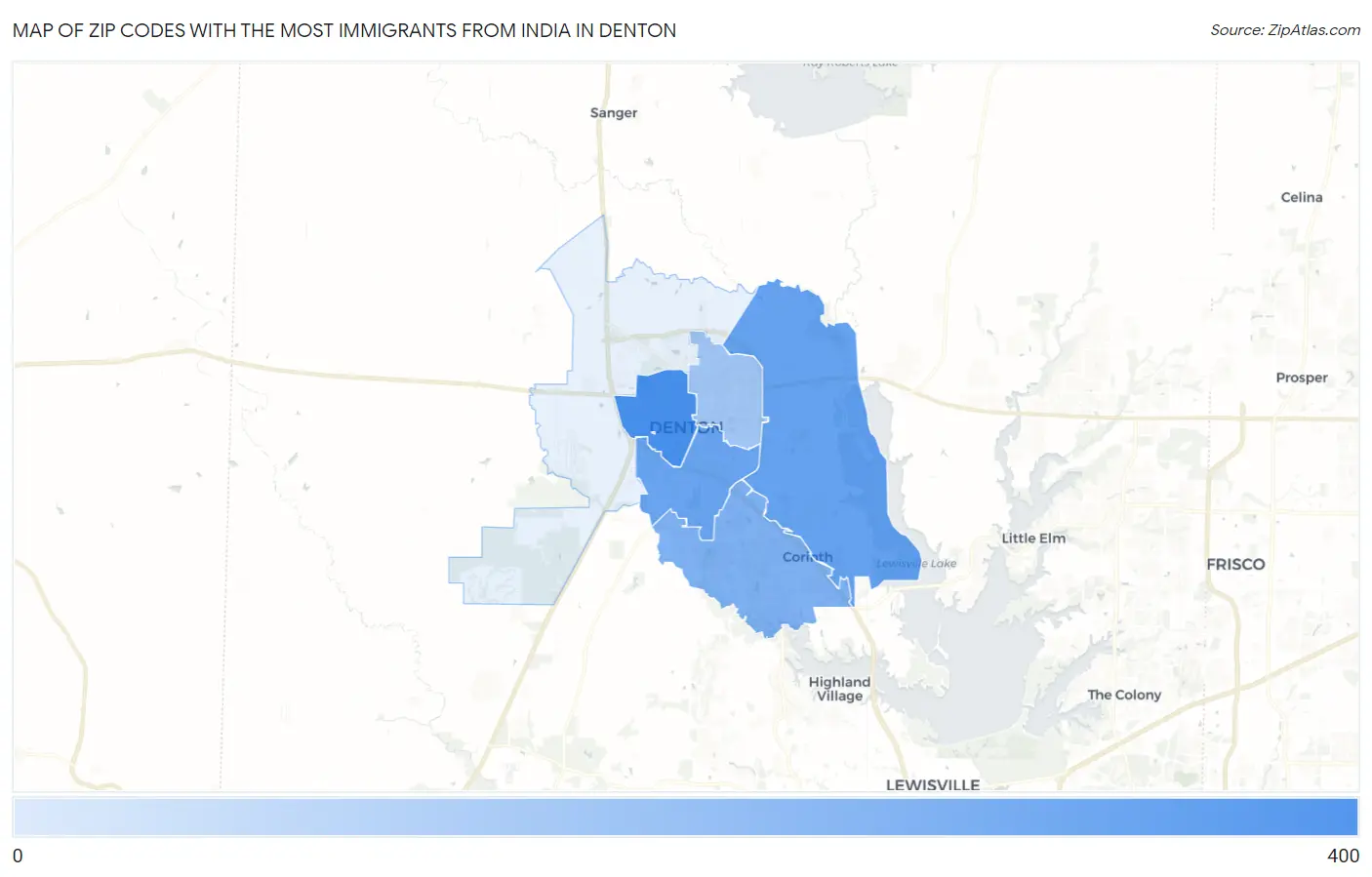 Zip Codes with the Most Immigrants from India in Denton Map