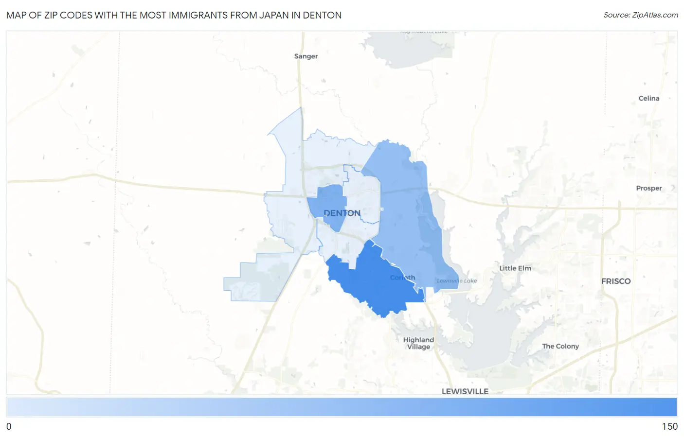 Zip Codes with the Most Immigrants from Japan in Denton Map