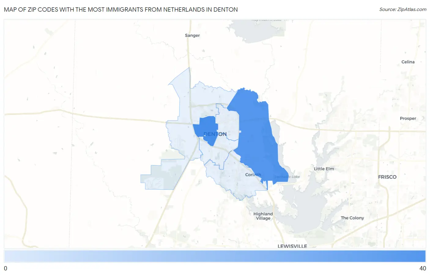 Zip Codes with the Most Immigrants from Netherlands in Denton Map