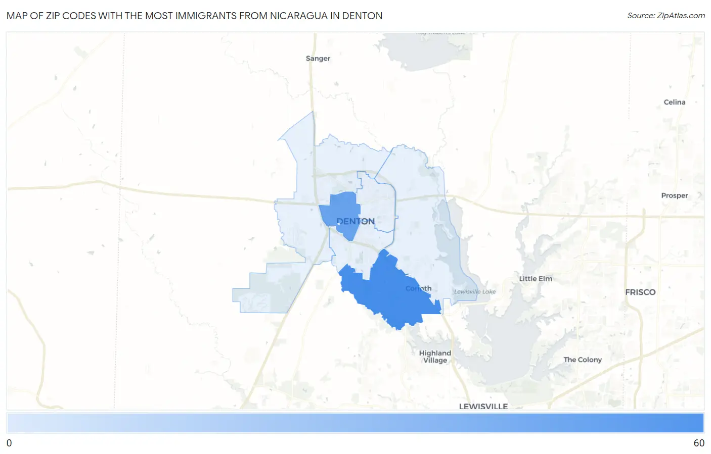 Zip Codes with the Most Immigrants from Nicaragua in Denton Map