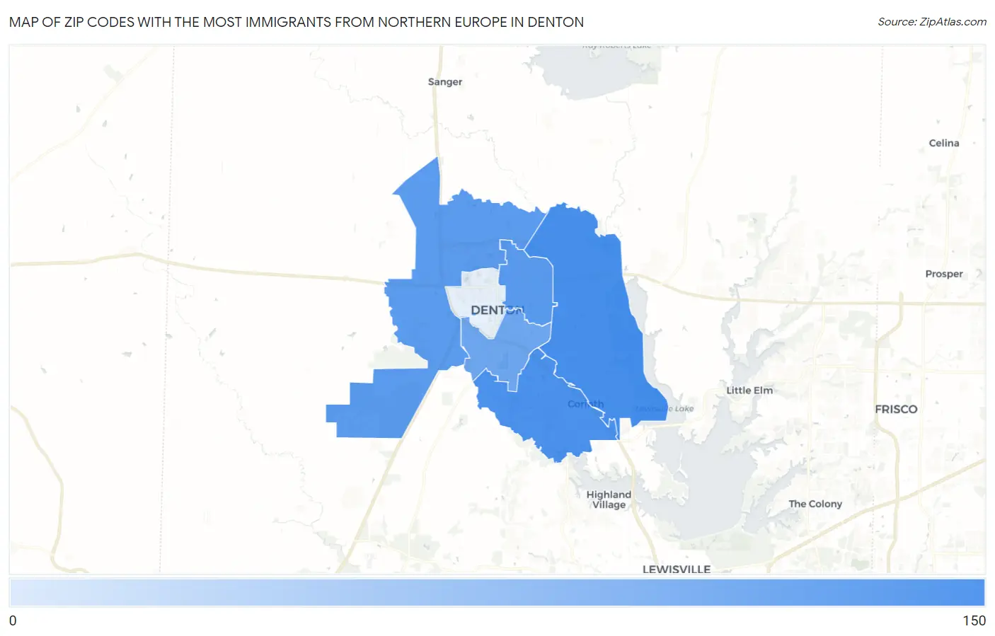 Zip Codes with the Most Immigrants from Northern Europe in Denton Map