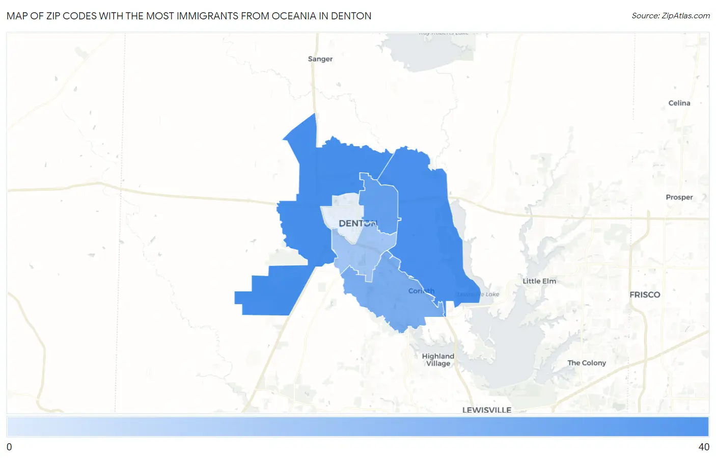Zip Codes with the Most Immigrants from Oceania in Denton Map