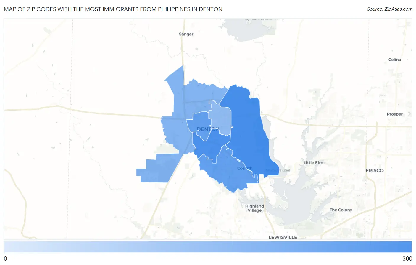 Zip Codes with the Most Immigrants from Philippines in Denton Map