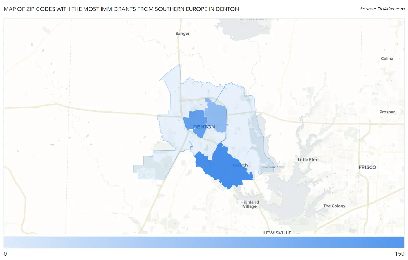 Zip Codes with the Most Immigrants from Southern Europe in Denton Map