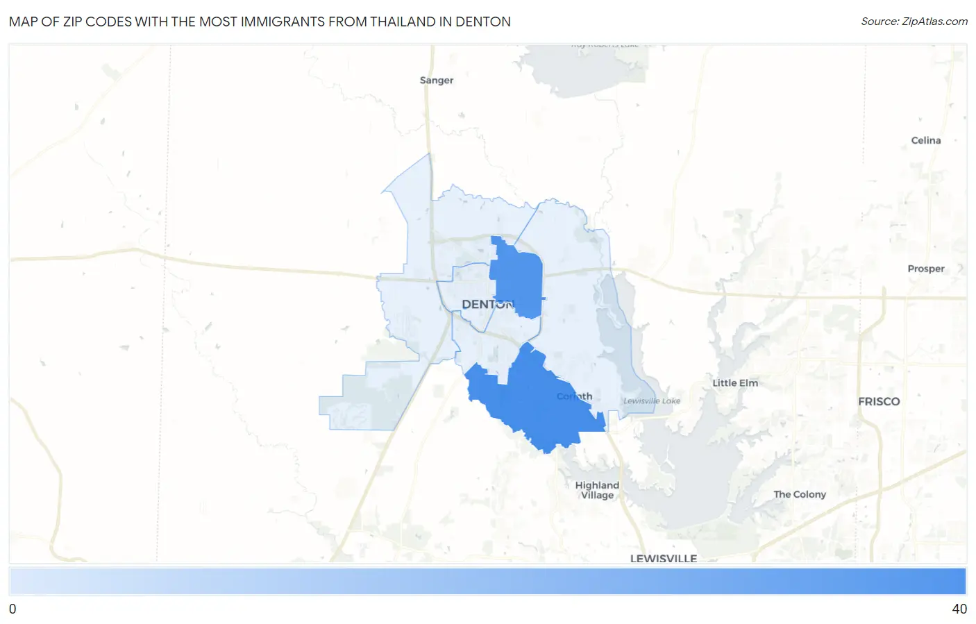 Zip Codes with the Most Immigrants from Thailand in Denton Map