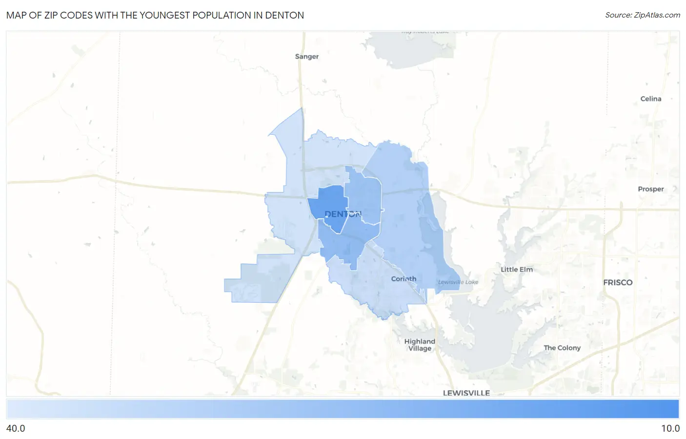 Zip Codes with the Youngest Population in Denton Map