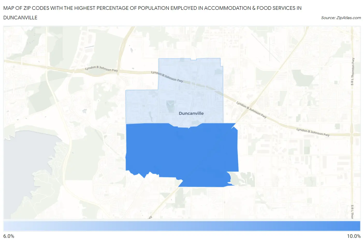 Zip Codes with the Highest Percentage of Population Employed in Accommodation & Food Services in Duncanville Map