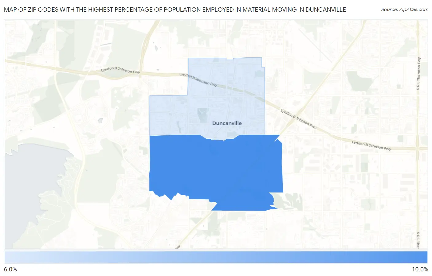 Zip Codes with the Highest Percentage of Population Employed in Material Moving in Duncanville Map
