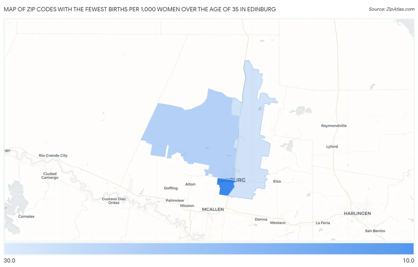 Zip Codes with the Fewest Births per 1,000 Women Over the Age of 35 in Edinburg Map