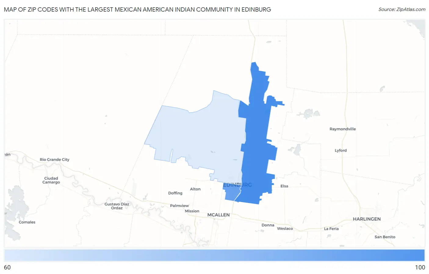 Zip Codes with the Largest Mexican American Indian Community in Edinburg Map