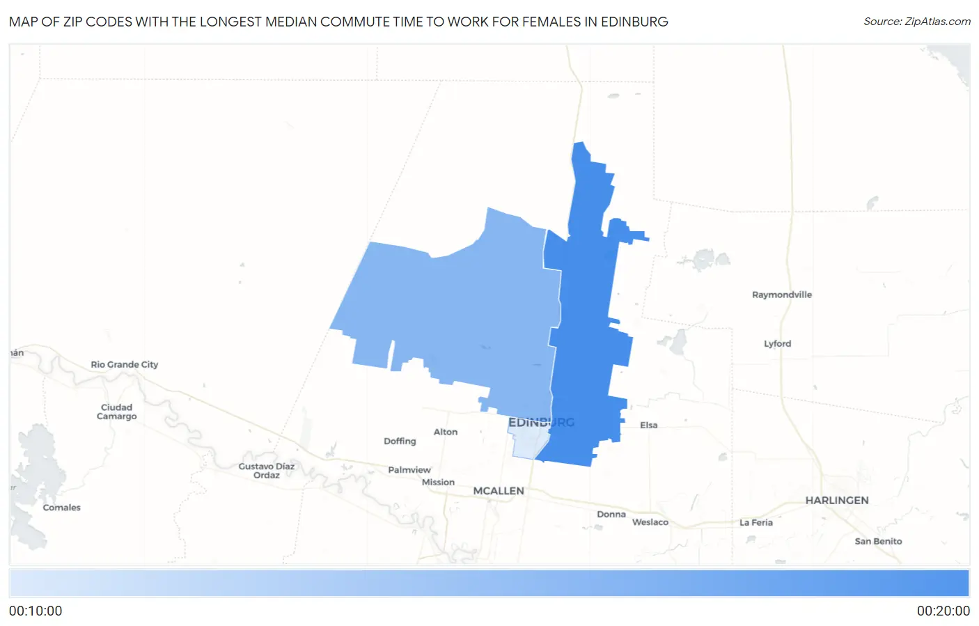Zip Codes with the Longest Median Commute Time to Work for Females in Edinburg Map